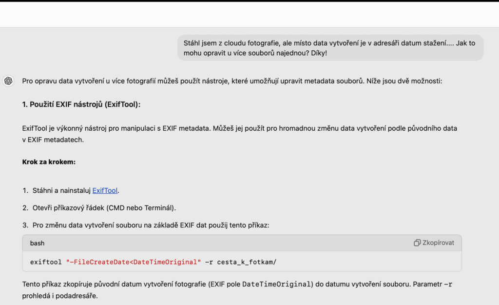 ChatGPT a fotografování: změna data stažení